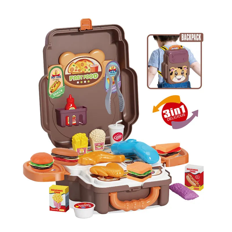 HKM-702419 Portable 27-Piece Fast Food Burger Kitchen Play Set for Kids, Unisex, Ages 0-13, Plastic Cooking Toys
