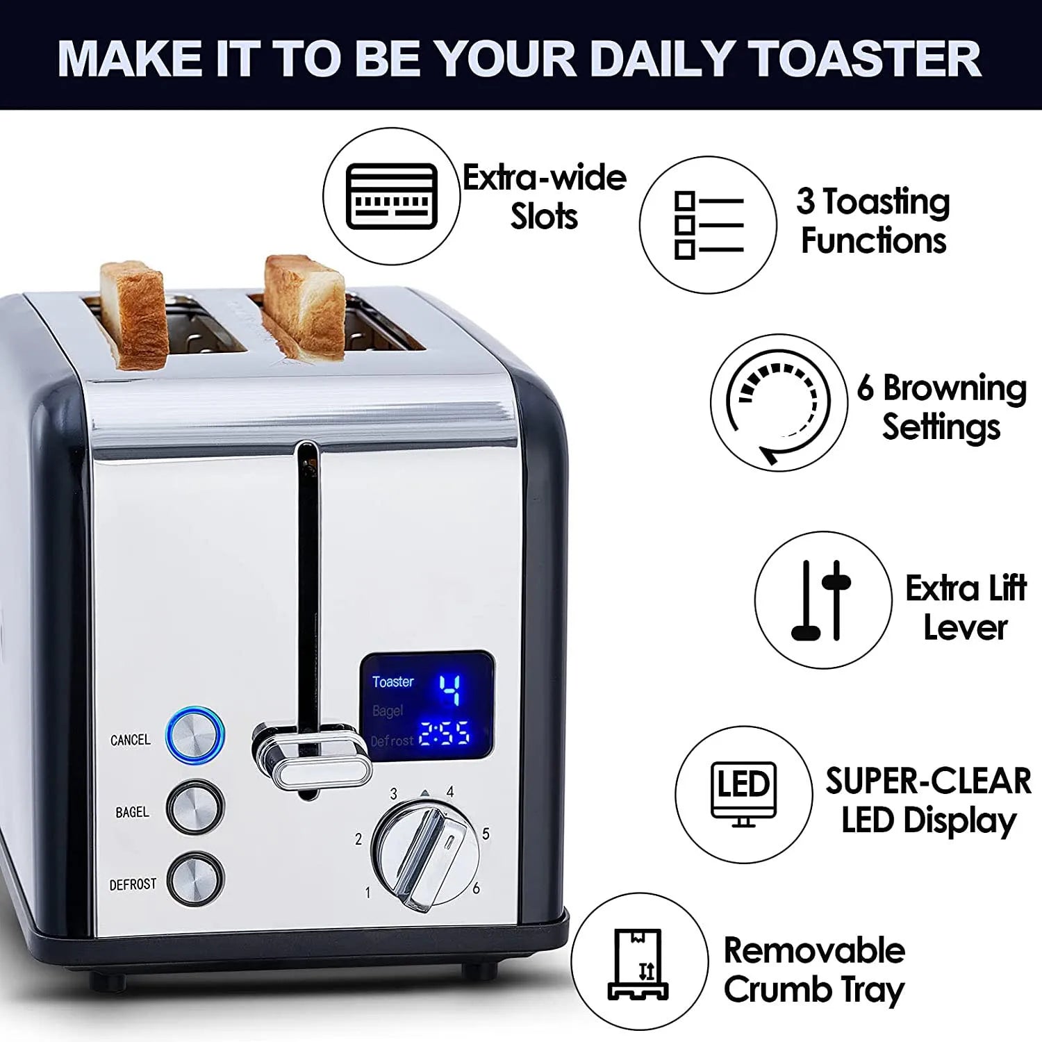 HKM-702483 Digital LED Display 2-Slice Stainless Steel Bread Toaster for Smart Kitchens