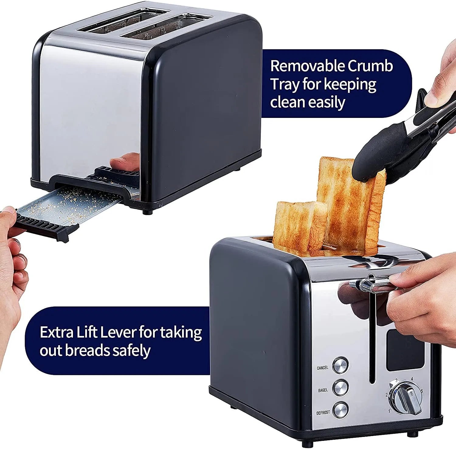HKM-702483 Digital LED Display 2-Slice Stainless Steel Bread Toaster for Smart Kitchens