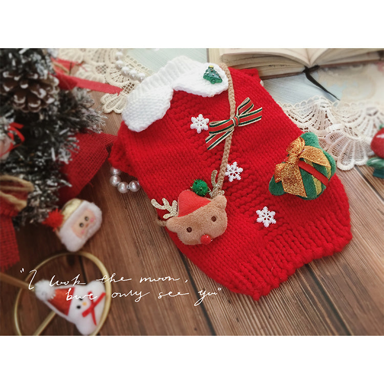HKM-7026877 Cozy Red Christmas Two-Leg Sweater Set with Gift Box Brooch and Moose Bag