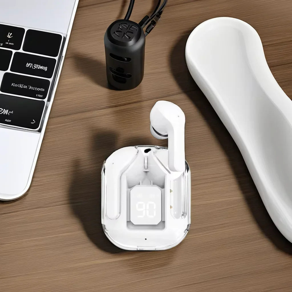 HKM-702739 Crystal TWS Mini Wireless In-Ear Earbuds with LED Display and JL Chipset for Gaming