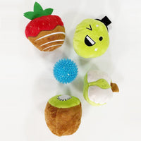 HKM-7028541 Strawberry Chocolate Plush Dog Toy in Strawberry, Green Mango, Kiwi Fruit, and Duck Pear Colors