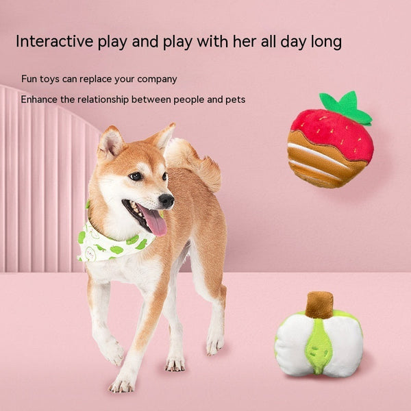 HKM-7028541 Strawberry Chocolate Plush Dog Toy in Strawberry, Green Mango, Kiwi Fruit, and Duck Pear Colors