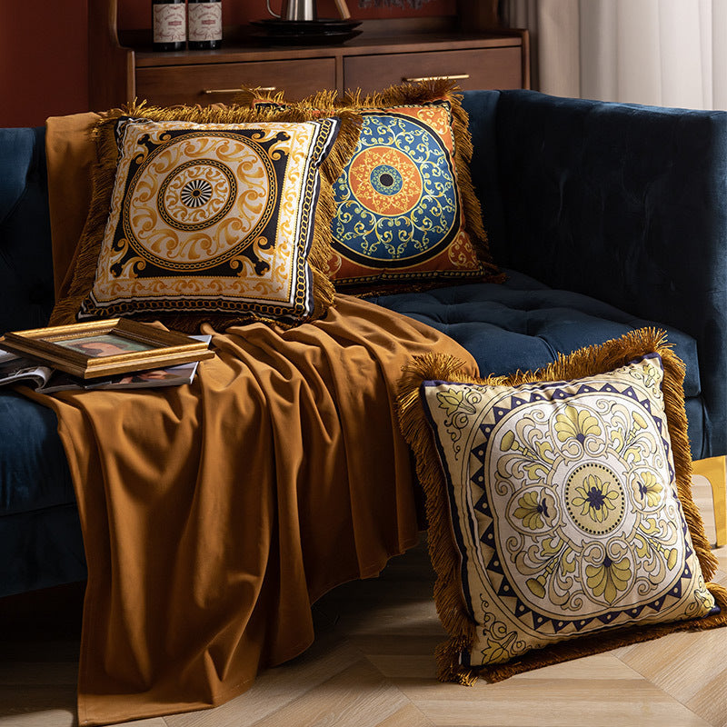 HKM-702867 Luxury Plant and Flower Printed Waist Pillow with Tassels, 45x45cm