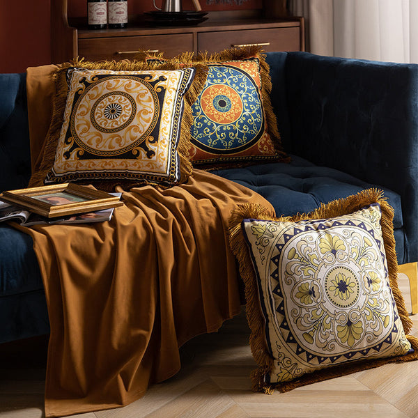 HKM-702867 Luxury Plant and Flower Printed Waist Pillow with Tassels, 45x45cm