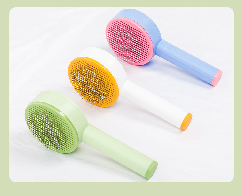 HKM-7030461 Curved Needle Massage Comb for Long-Haired Cats and Dogs - 2-in-1 Hair Removal Brush in Pink, Light Green, Cream Yellow