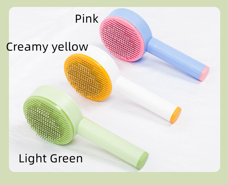 HKM-7030461 Curved Needle Massage Comb for Long-Haired Cats and Dogs - 2-in-1 Hair Removal Brush in Pink, Light Green, Cream Yellow