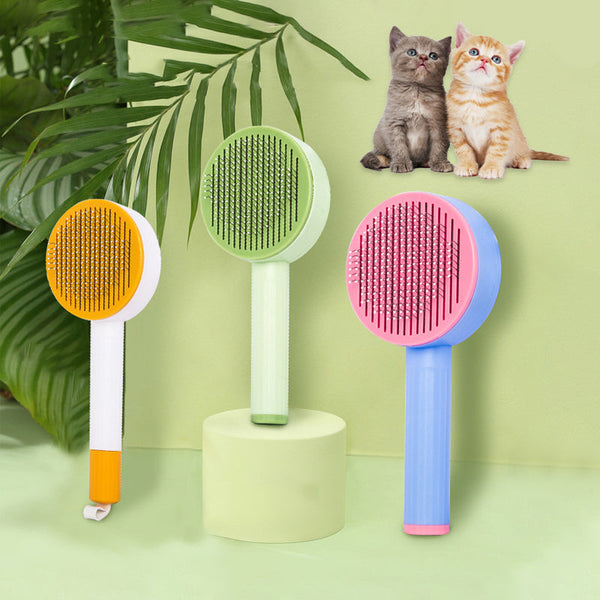 HKM-7030461 Curved Needle Massage Comb for Long-Haired Cats and Dogs - 2-in-1 Hair Removal Brush in Pink, Light Green, Cream Yellow