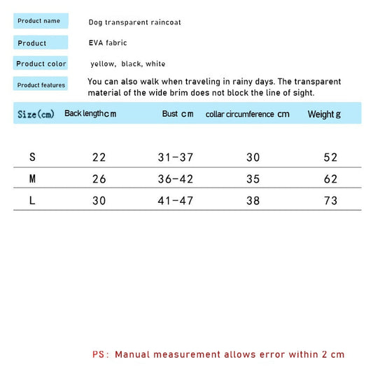 HKM-7034301 Transparent Waterproof Raincoat for Small to Medium Dogs with Hood - Lightweight EVA Fabric in Multiple Colors