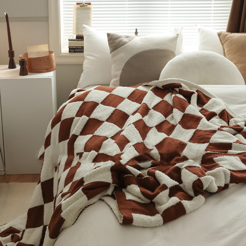 HKM-703507 Checkerboard Pattern Lamb Fleece Sofa Blanket in Multiple Colors - Cozy and Stylish Home Accessory