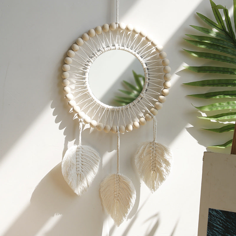 HKM-703571 Hand-Woven Cotton Thread Wooden Bead Tapestry - 70cm Pastoral Wall Hanging