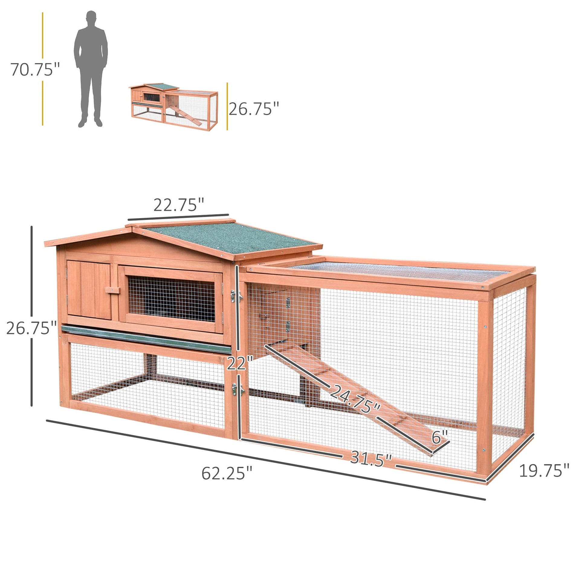 HKM-7038269 Spacious 62" Wooden Rabbit Cage with Indoor Living Area and Outdoor Run