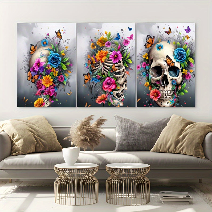 HKM-703827 Framed 3-Piece Skull Canvas Artwork - Minimalist Contemporary Design for Living Room, Bedroom, or Bathroom