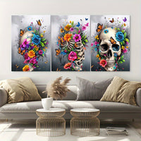HKM-703827 Framed 3-Piece Skull Canvas Artwork - Minimalist Contemporary Design for Living Room, Bedroom, or Bathroom