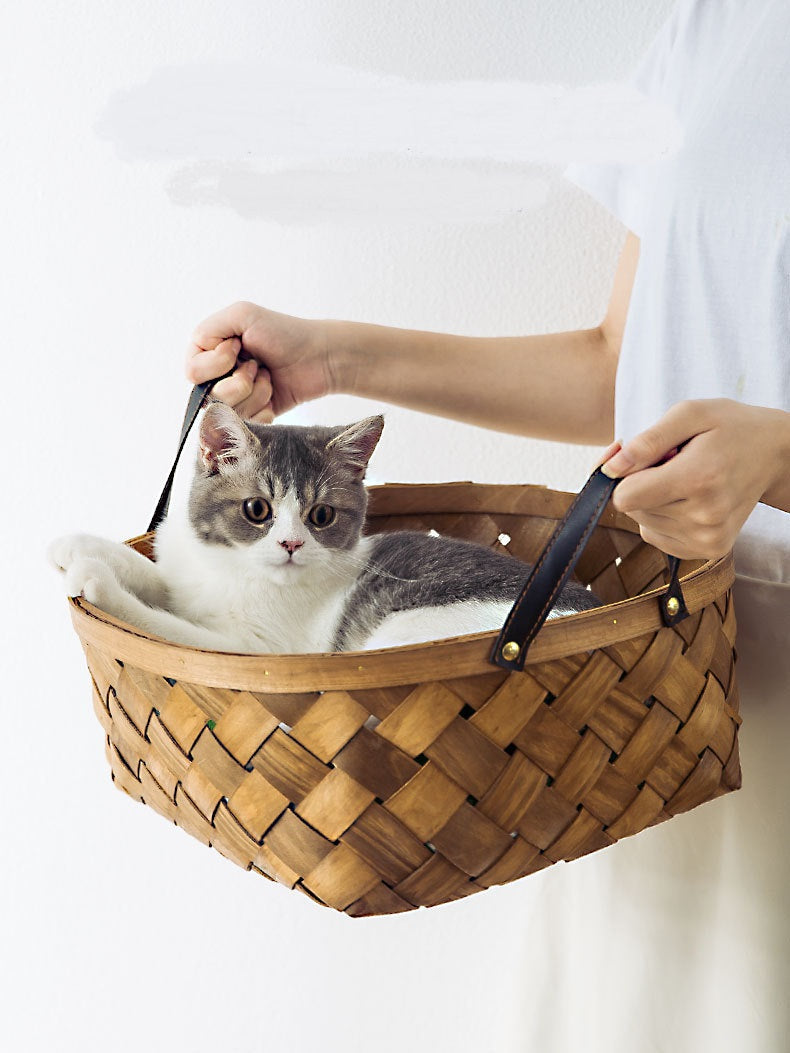 HKM-7038653 Bamboo Rattan Cat Bed House - Hand-Woven Pet Nest with High Resilience Cushion