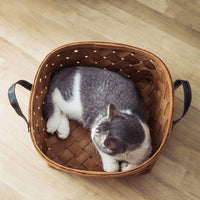 HKM-7038653 Bamboo Rattan Cat Bed House - Hand-Woven Pet Nest with High Resilience Cushion