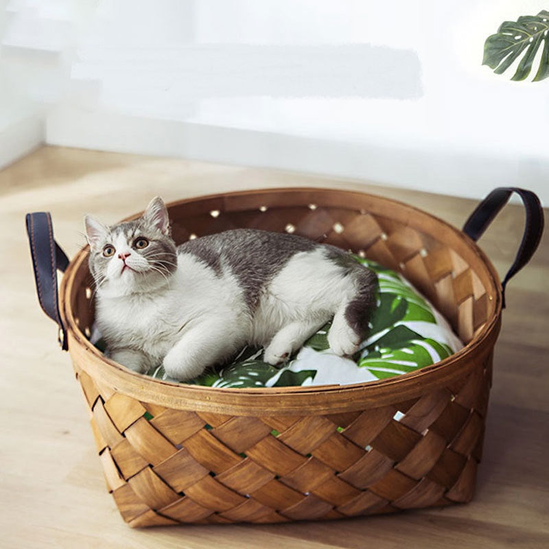 HKM-7038653 Bamboo Rattan Cat Bed House - Hand-Woven Pet Nest with High Resilience Cushion