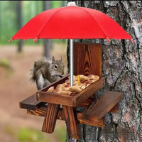 HKM-7044157 Wooden Outdoor Chipmunk Feeder with Bench and Umbrella, Pine Material