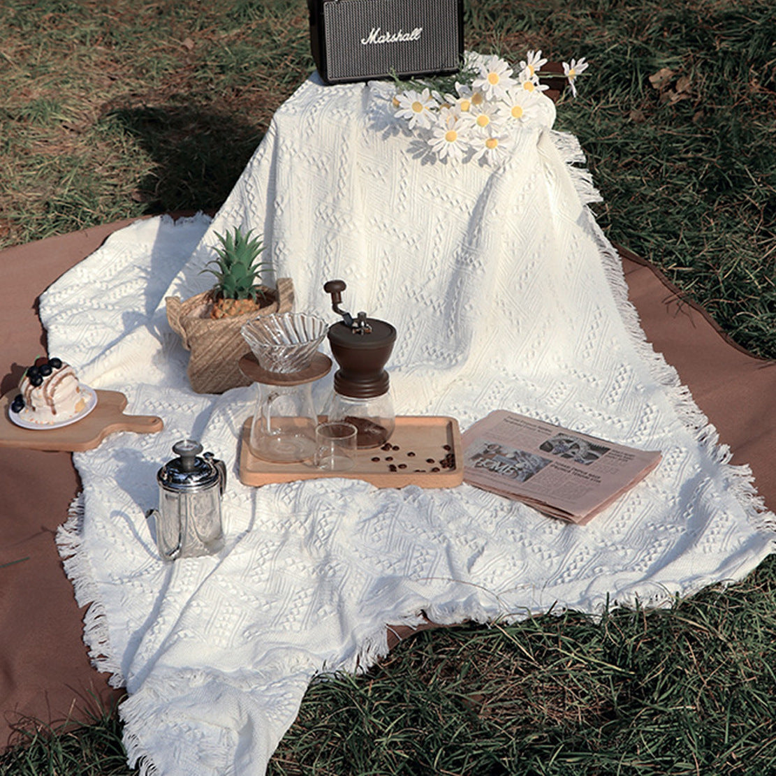 HKM-705043 Bohemian Western Picnic Mat - White & Coffee Plaid, Durable Polyester Cotton, 90x90cm & 90x150cm