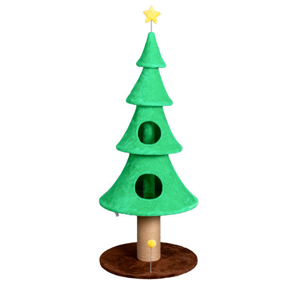HKM-7051581 Large 59in Christmas Tree Cat Tower with 2 Cat Condos, Scratching Post, and Teaser Toy for Indoor Cats