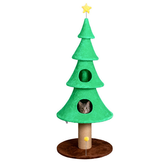 HKM-7051581 Large 59in Christmas Tree Cat Tower with 2 Cat Condos, Scratching Post, and Teaser Toy for Indoor Cats