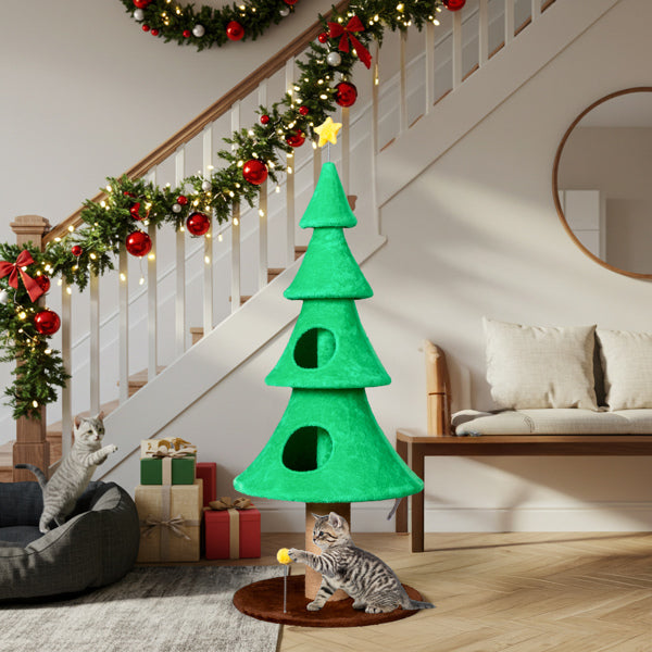 HKM-7051581 Large 59in Christmas Tree Cat Tower with 2 Cat Condos, Scratching Post, and Teaser Toy for Indoor Cats