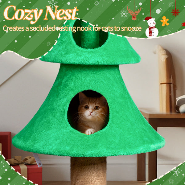 HKM-7051581 Large 59in Christmas Tree Cat Tower with 2 Cat Condos, Scratching Post, and Teaser Toy for Indoor Cats
