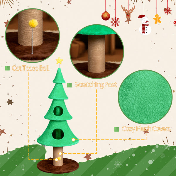 HKM-7051581 Large 59in Christmas Tree Cat Tower with 2 Cat Condos, Scratching Post, and Teaser Toy for Indoor Cats