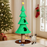 HKM-7051581 Large 59in Christmas Tree Cat Tower with 2 Cat Condos, Scratching Post, and Teaser Toy for Indoor Cats