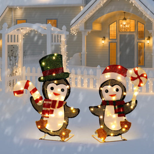 HKM-705171 Lighted Penguin and Candy Cane Christmas Decorations Set, Pre-Lit 2D Holiday Decor with 80 Warm White LED Lights for Indoor Outdoor Use