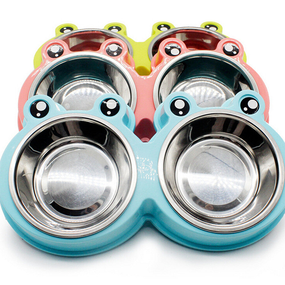 HKM-7052093 Double Pet Food and Water Bowl - Durable ABS and Stainless Steel, Easy to Clean, Pink/Green/Blue, 28x11.5x4cm