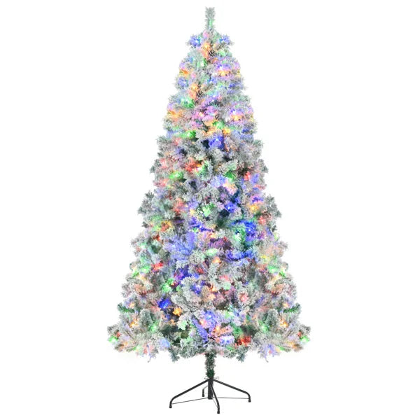 HKM-705491 6FT Snow Flocked Pre-Lit Hinged Artificial Christmas Tree Set with Colorful LED Lights, Garland, and Wreath