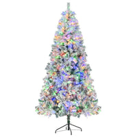HKM-705491 6FT Snow Flocked Pre-Lit Hinged Artificial Christmas Tree Set with Colorful LED Lights, Garland, and Wreath