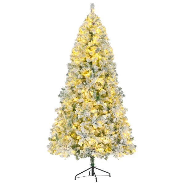 HKM-705491 6FT Snow Flocked Pre-Lit Hinged Artificial Christmas Tree Set with Colorful LED Lights, Garland, and Wreath