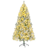 HKM-705491 6FT Snow Flocked Pre-Lit Hinged Artificial Christmas Tree Set with Colorful LED Lights, Garland, and Wreath