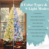 HKM-705491 6FT Snow Flocked Pre-Lit Hinged Artificial Christmas Tree Set with Colorful LED Lights, Garland, and Wreath