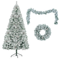 HKM-705491 6FT Snow Flocked Pre-Lit Hinged Artificial Christmas Tree Set with Colorful LED Lights, Garland, and Wreath