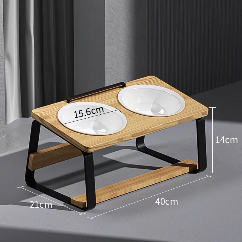 HKM-7057853 Ceramic Double Bowl Pet Feeding Set with Wooden Stand for Cats