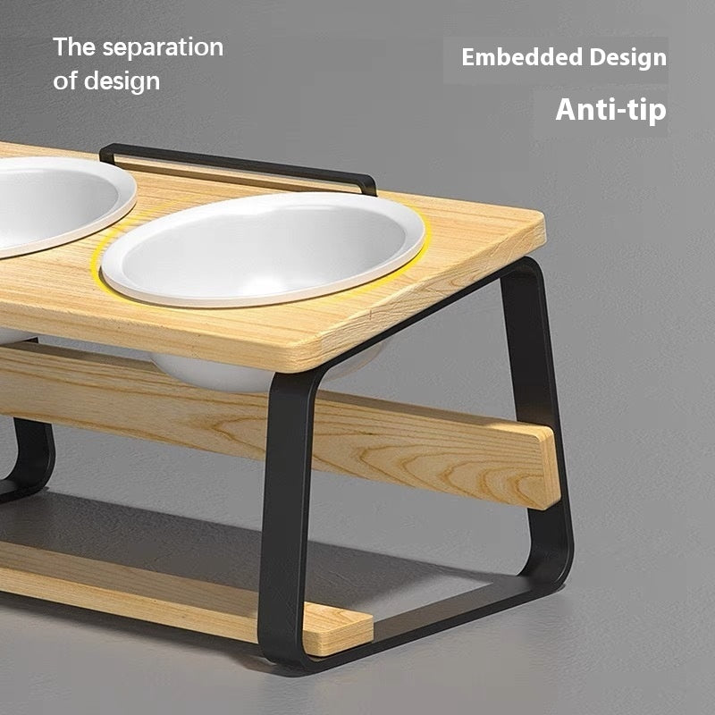 HKM-7057853 Ceramic Double Bowl Pet Feeding Set with Wooden Stand for Cats