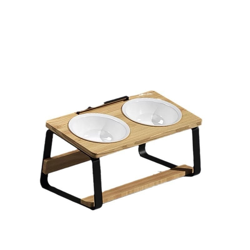 HKM-7057853 Ceramic Double Bowl Pet Feeding Set with Wooden Stand for Cats