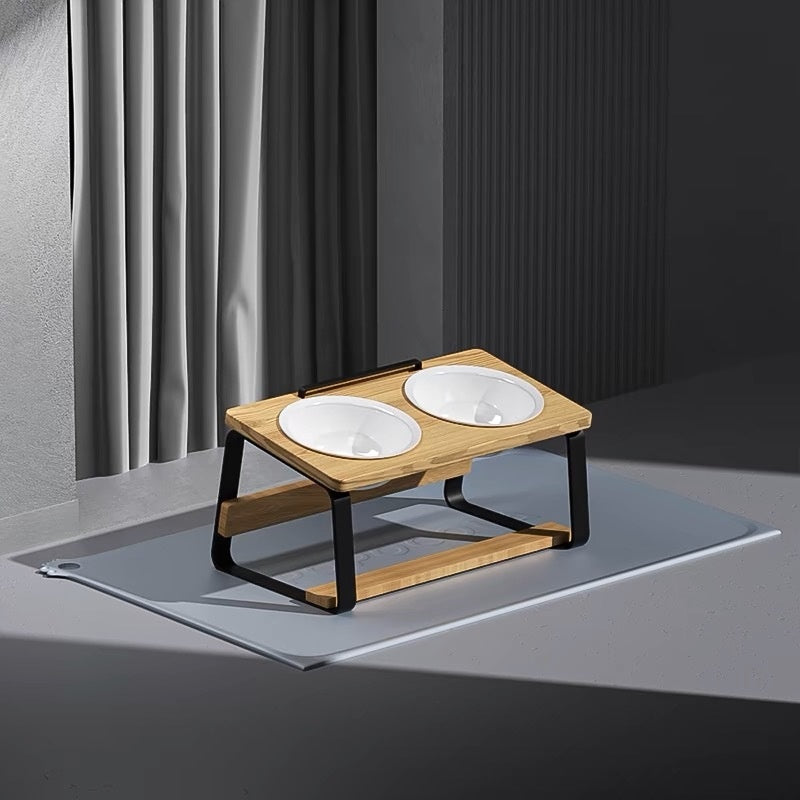 HKM-7057853 Ceramic Double Bowl Pet Feeding Set with Wooden Stand for Cats