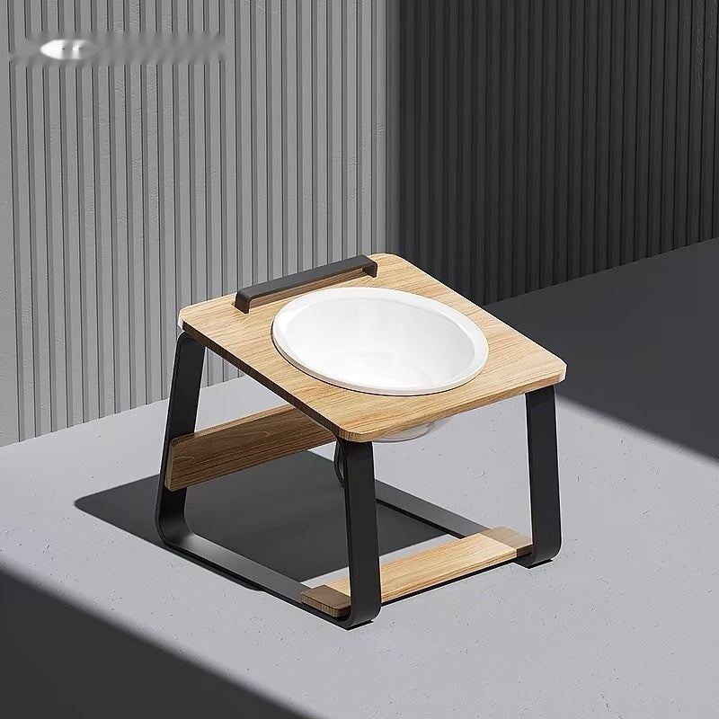HKM-7057853 Ceramic Double Bowl Pet Feeding Set with Wooden Stand for Cats