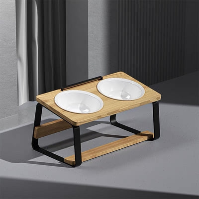 HKM-7057853 Ceramic Double Bowl Pet Feeding Set with Wooden Stand for Cats
