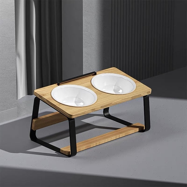 HKM-7057853 Ceramic Double Bowl Pet Feeding Set with Wooden Stand for Cats