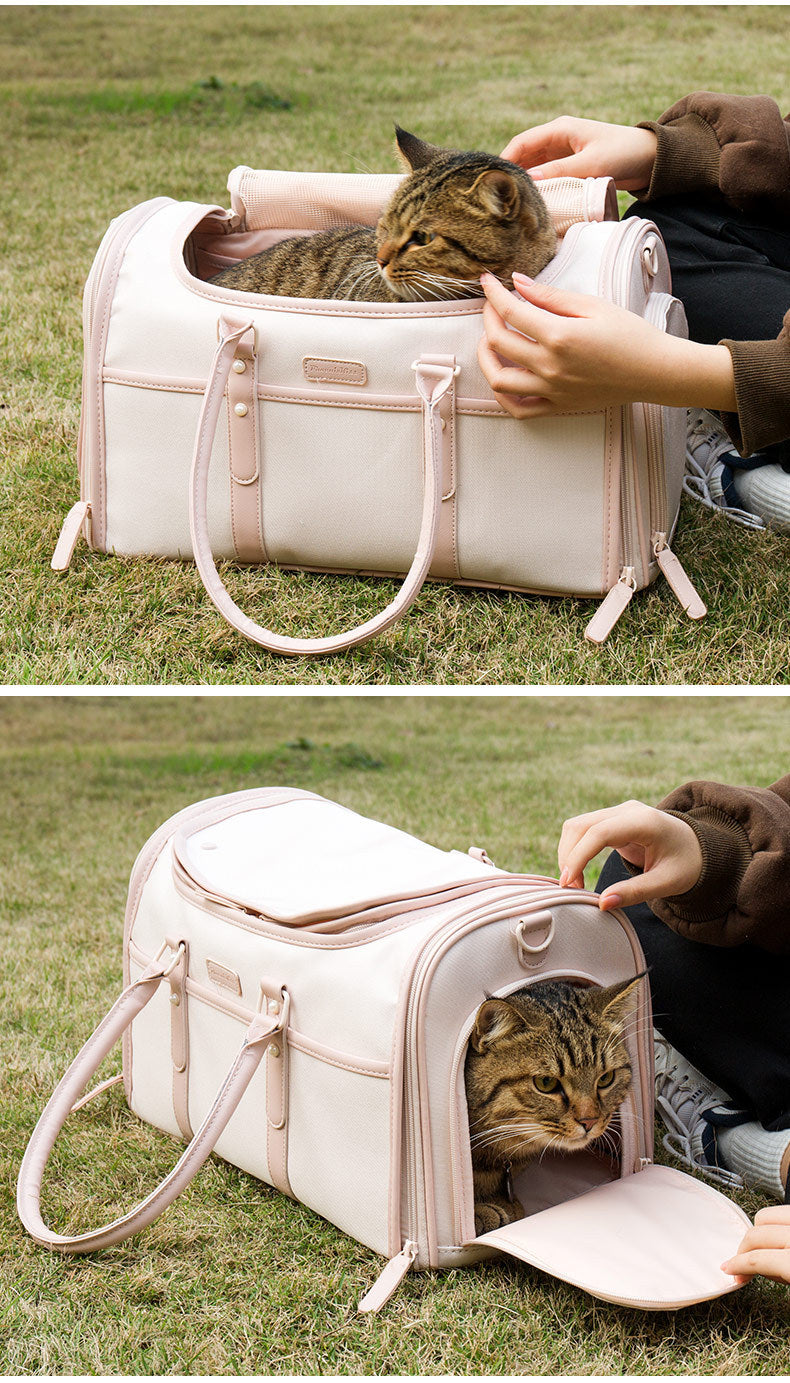 HKM-7058109 Breathable and Foldable Portable Pet Bag for Cats – Light Pink & Gray White, Oxford Cloth, 10 lbs Capacity