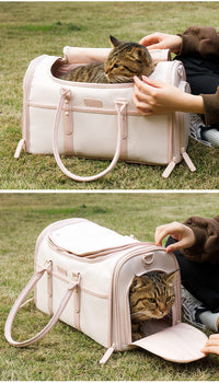 HKM-7058109 Breathable and Foldable Portable Pet Bag for Cats – Light Pink & Gray White, Oxford Cloth, 10 lbs Capacity