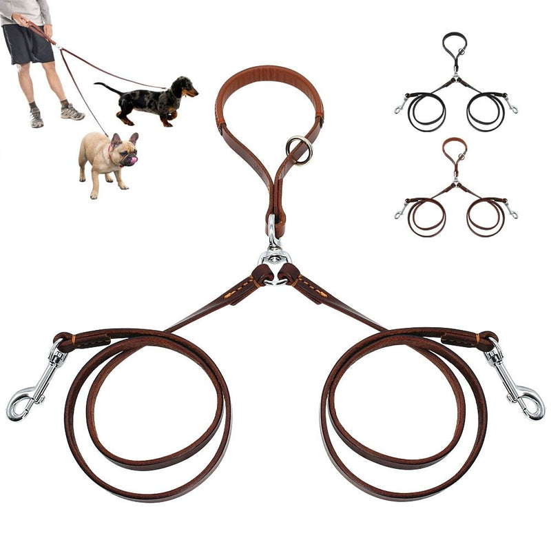 HKM-705875 Leather 2-Way Dog Leash - Tangle-Free, Hands-Free for Two Dogs, Available in Black and Brown