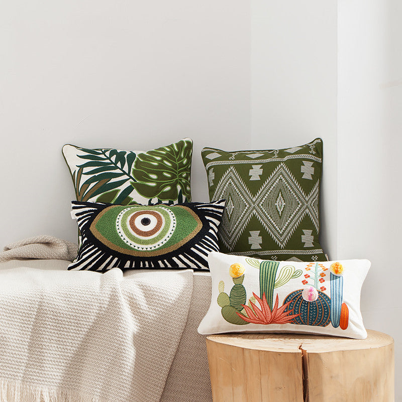 HKM-705939 Nordic Green Cactus Embroidered Throw Pillow - Available in 45x45cm and 30x50cm