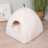 HKM-7061693 Plush Triangle Cat Bed - Soft, Stylish, Compressible Nest in White