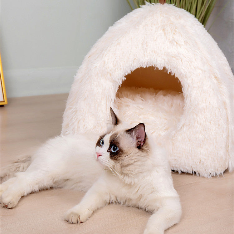 HKM-7061693 Plush Triangle Cat Bed - Soft, Stylish, Compressible Nest in White